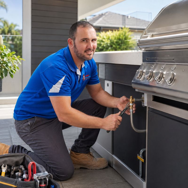 Licensed plumber installing BBQ gas fitting on a Sydney patio