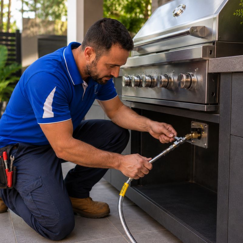 Licensed plumber replacing a BBQ gas fitting on a Sydney patio.