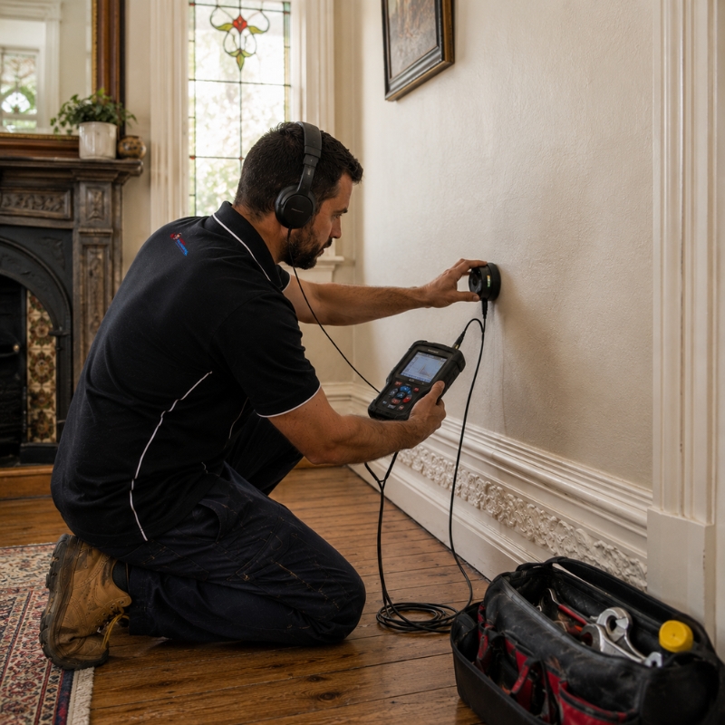 Plumber diagnosing a leak in a Canada Bay period wall