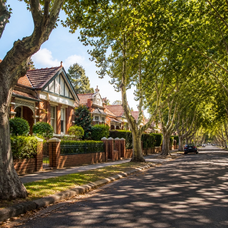 Tree-lined Federation streetscape in Canada Bay near the river