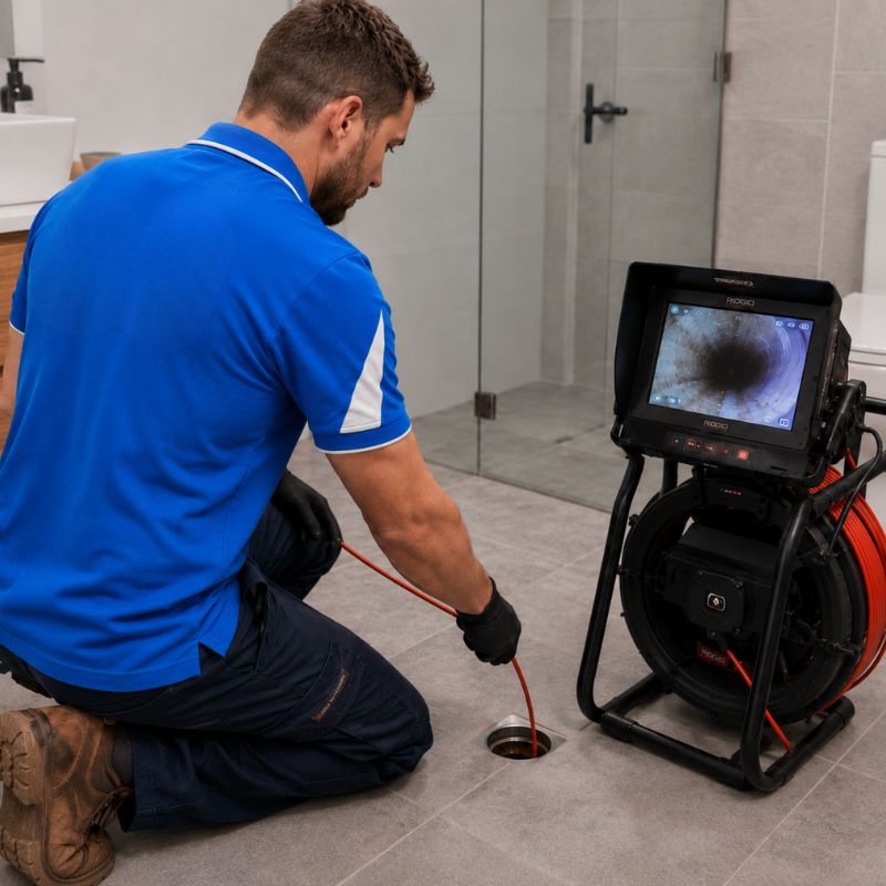 Licensed plumber carrying out a CCTV drain camera inspection in a Sydney home bathroom.