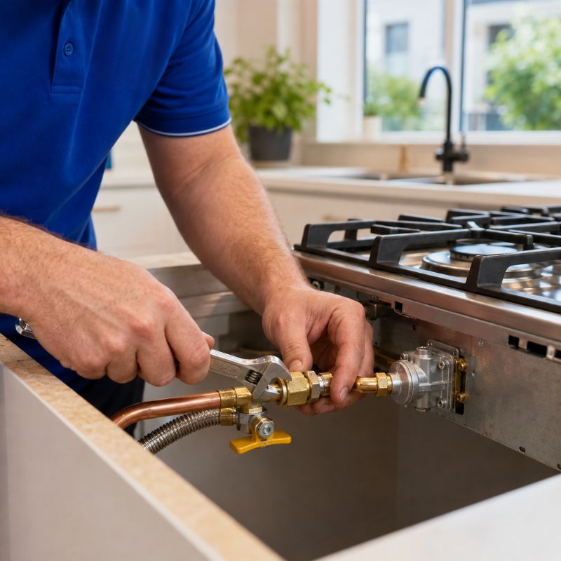 Close-up of gas line connection during cooktop installation (Sydney home)