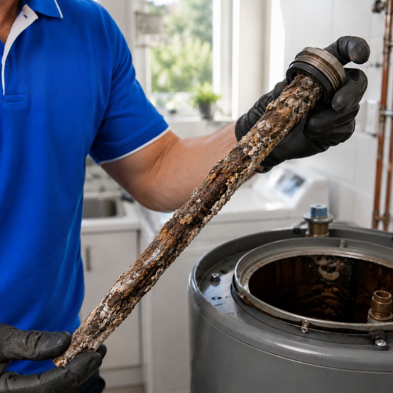 Severely corroded anode rod removed from a Sydney hot water tank showing rust build-up