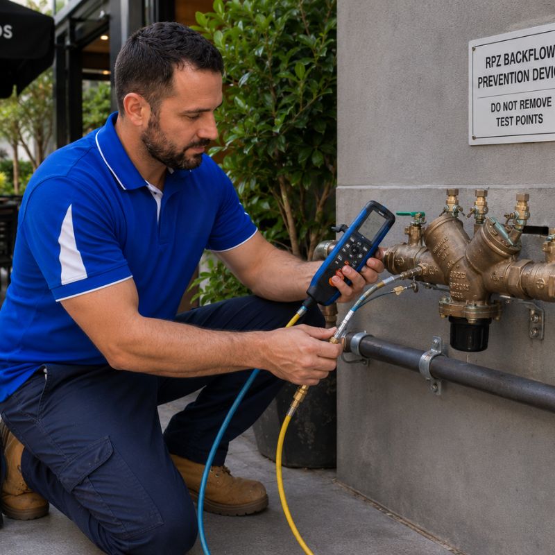 Licensed plumber carrying out annual backflow testing on an RPZ valve at a Sydney café.