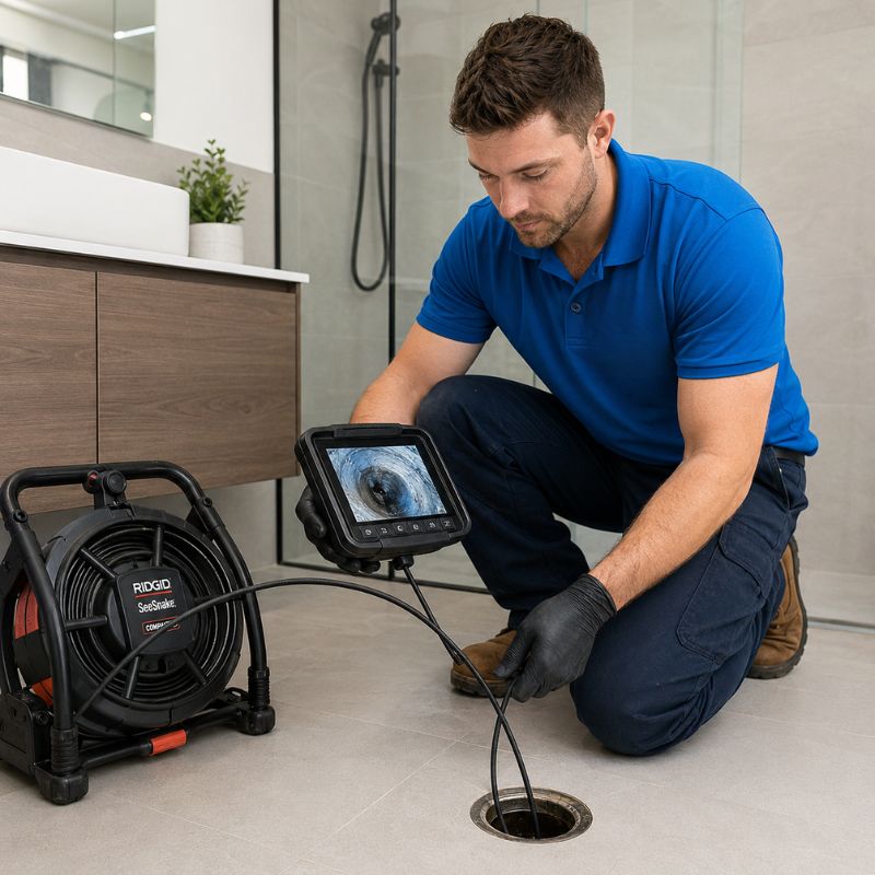 Licensed plumber performing CCTV drain camera inspection in a Sydney home bathroom