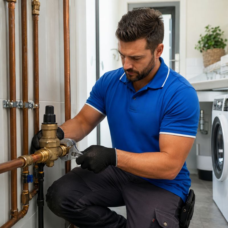 Licensed Sydney plumber replacing a pressure reducing valve on a residential water line