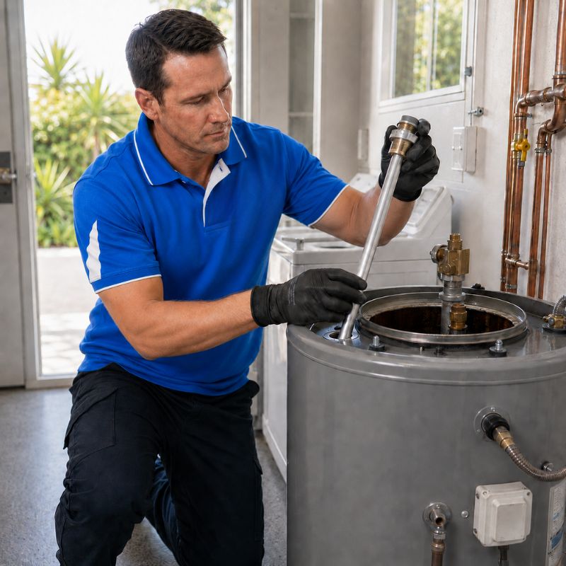 Apex Plumbing technician inspecting a residential water heater in Sydney before anode replacement