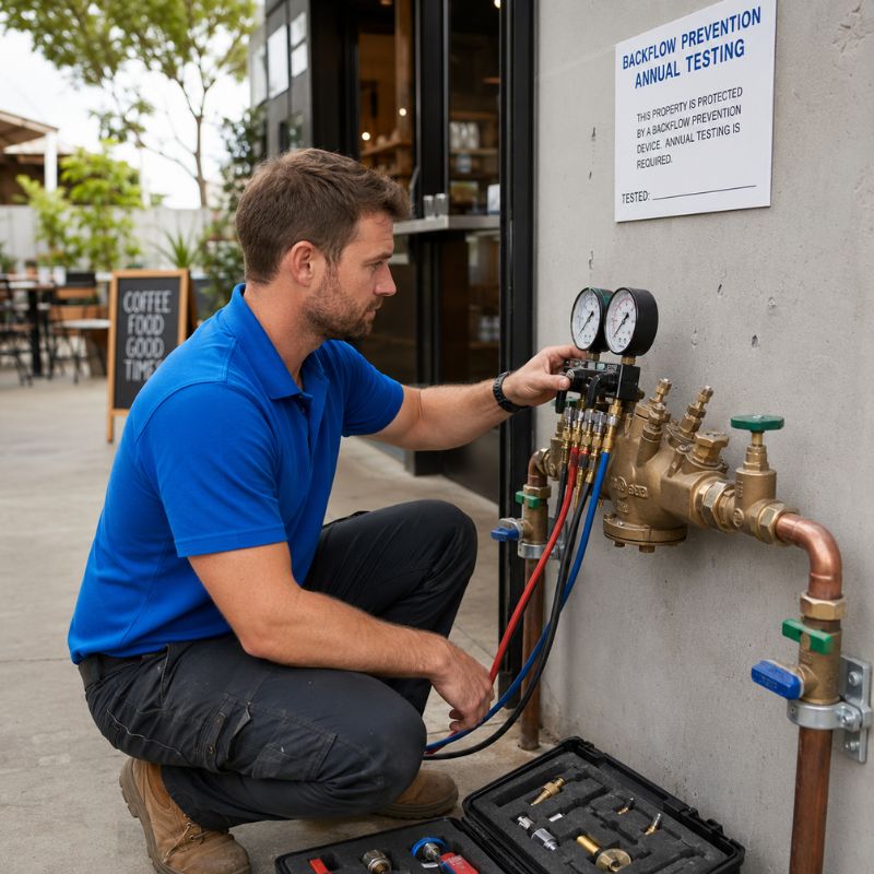 Licensed plumber performing annual backflow testing on RPZ valve at Sydney café