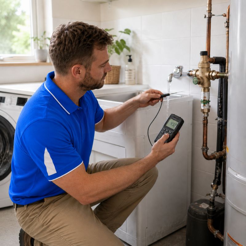 Plumber testing water temperature after tempering valve replacement in Sydney home