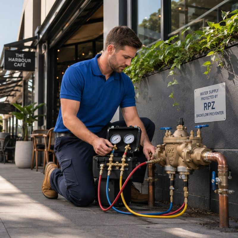 Licensed plumber completing annual backflow testing on an RPZ valve at a Sydney café.