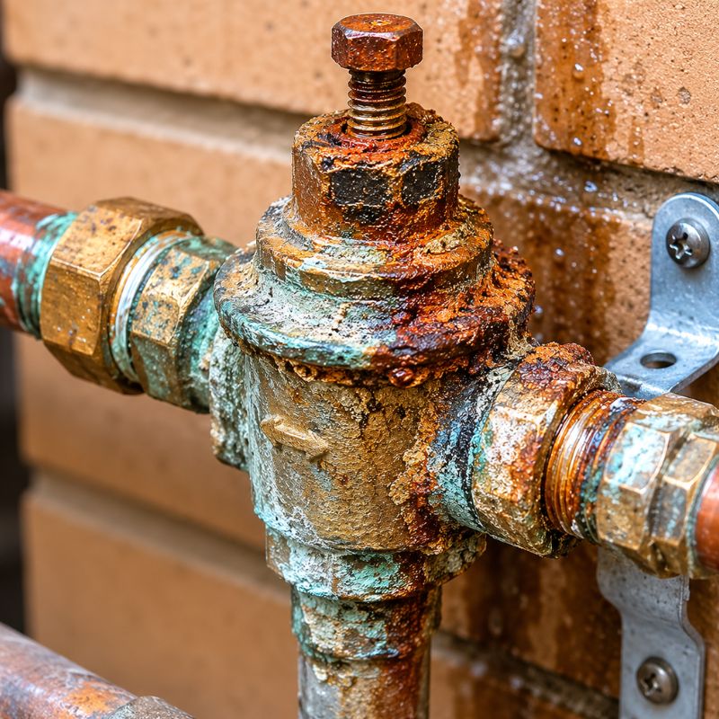Close-up of corroded pressure reducing valve before replacement