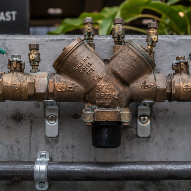 Close-up of RPZ backflow prevention device before annual test certification