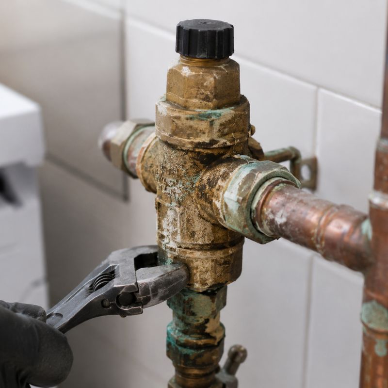 Close-up of corroded tempering valve needing replacement