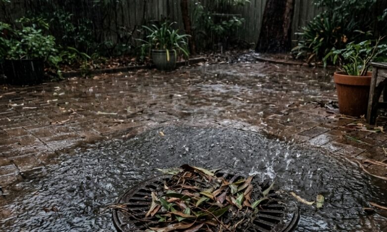 Pooling water near a stormwater grate in a Sydney backyard shows early blockage warning sign.