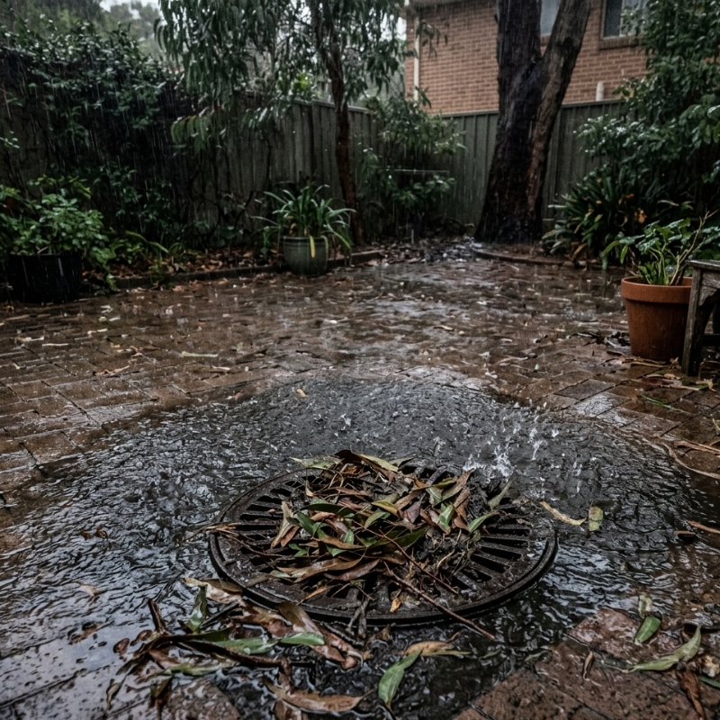 Pooling water near a stormwater grate in a Sydney backyard shows early blockage warning sign.