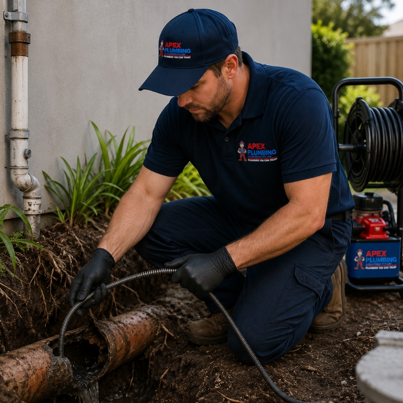 Exposed sewer pipe during a drain repair dig