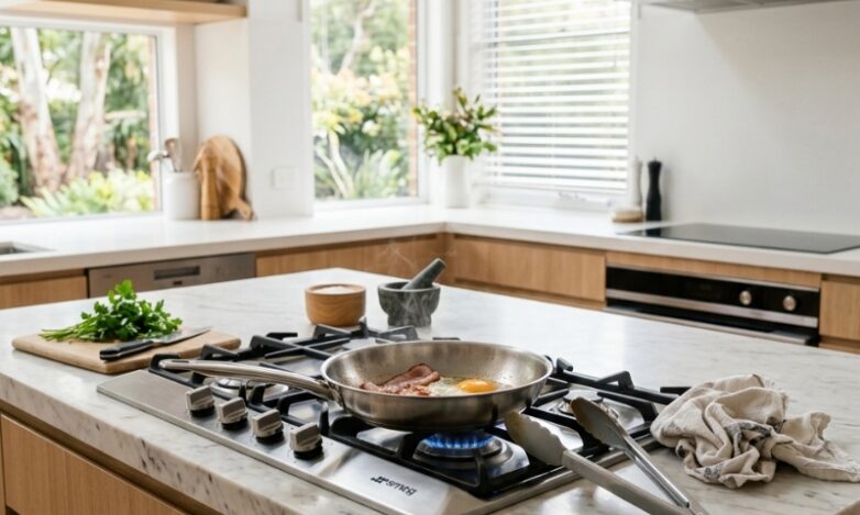 Homeowner learning safe gas appliance connection from licenced Sydney plumber.