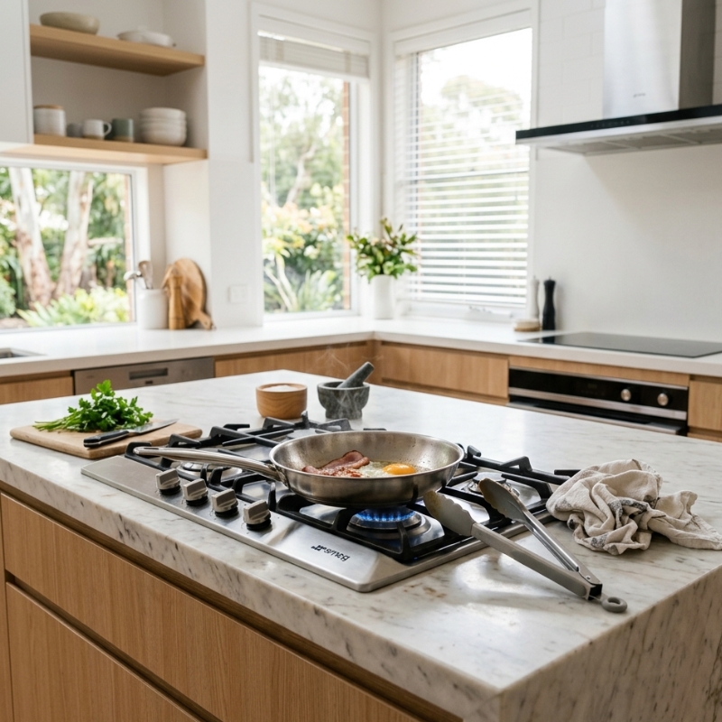Homeowner learning safe gas appliance connection from licenced Sydney plumber.