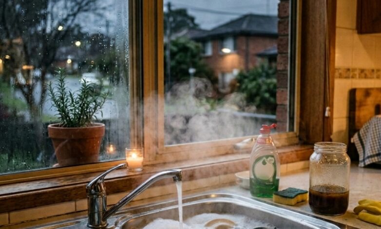 Cold winter Sydney kitchen sink as grease is scraped into a jar instead of the drain.