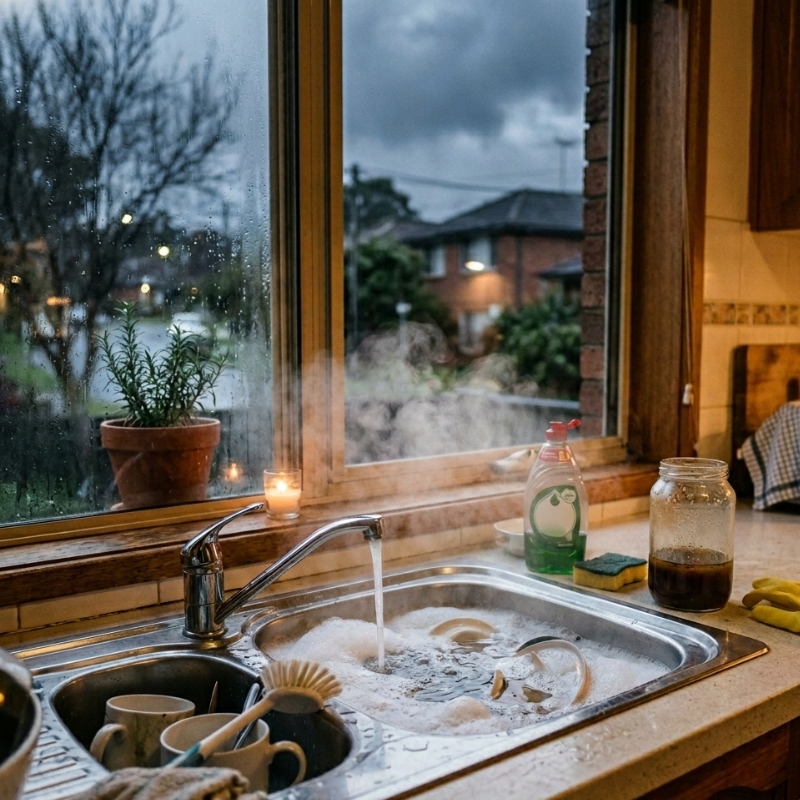Cold winter Sydney kitchen sink as grease is scraped into a jar instead of the drain.