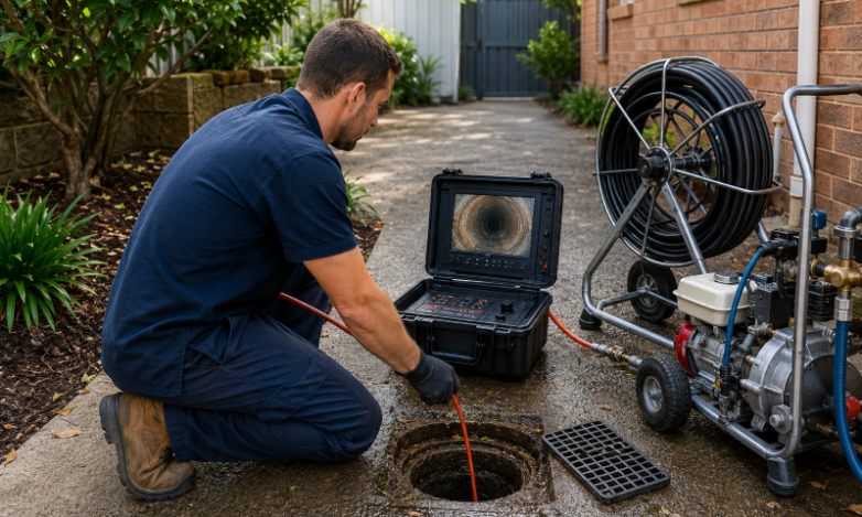 Licensed Sydney plumber inspecting a blocked drain with a CCTV camera