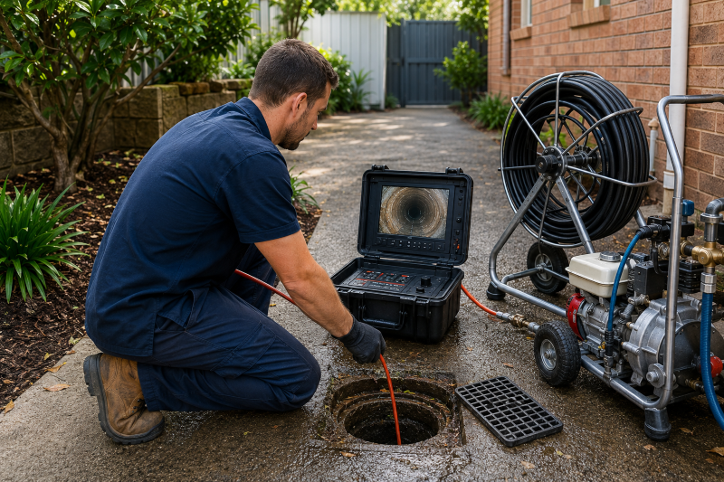 Licensed Sydney plumber inspecting a blocked drain with a CCTV camera