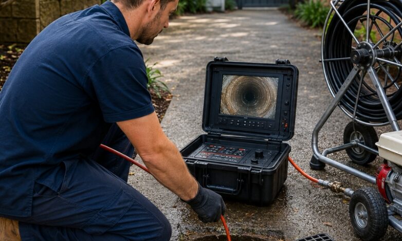 Licensed Sydney plumber inspecting a blocked drain with a CCTV camera