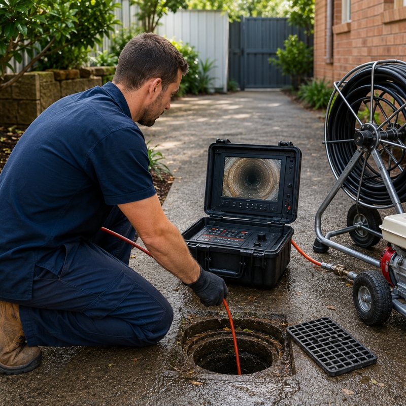 Licensed Sydney plumber inspecting a blocked drain with a CCTV camera