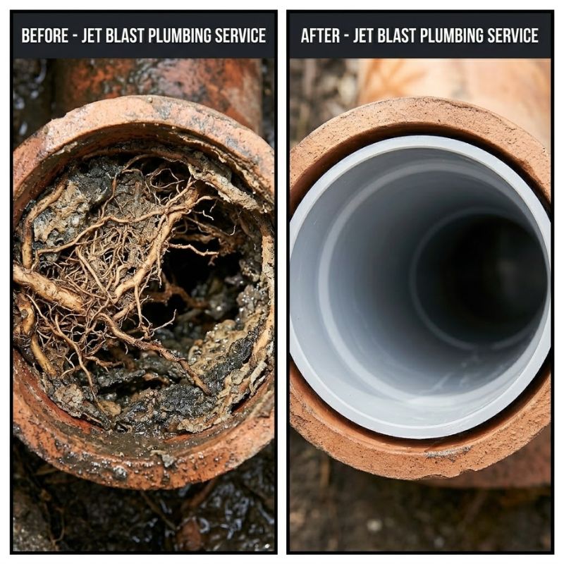 Before-and-after of PVC pipe after jet blast plumbing service