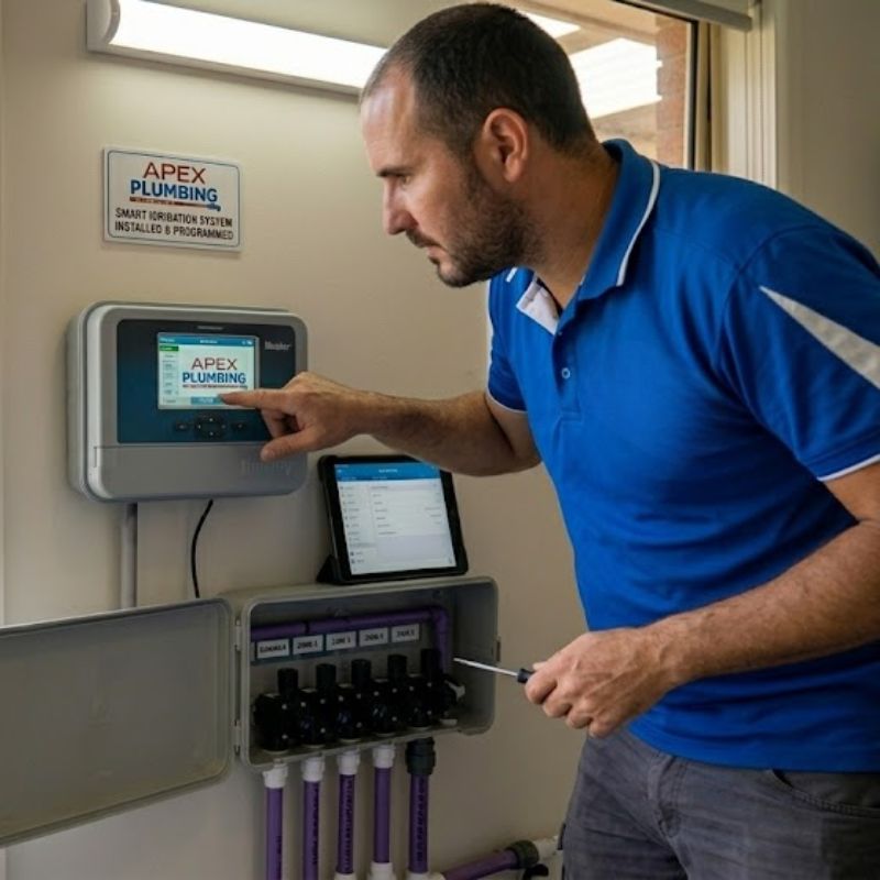 Smart irrigation controller programmed by Apex Plumbing technician