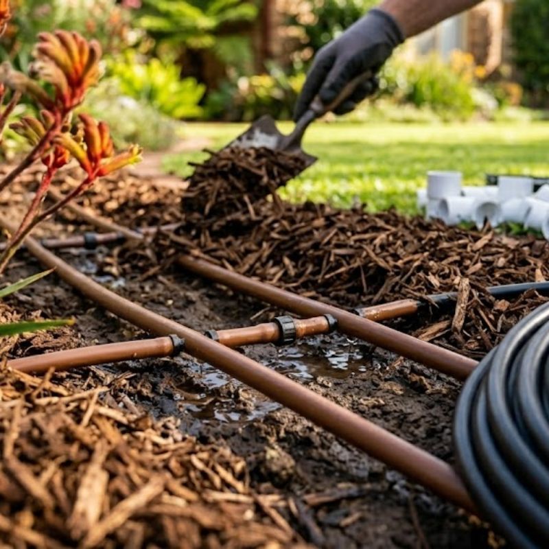 Close-up of drip irrigation lines laid under mulch during installation