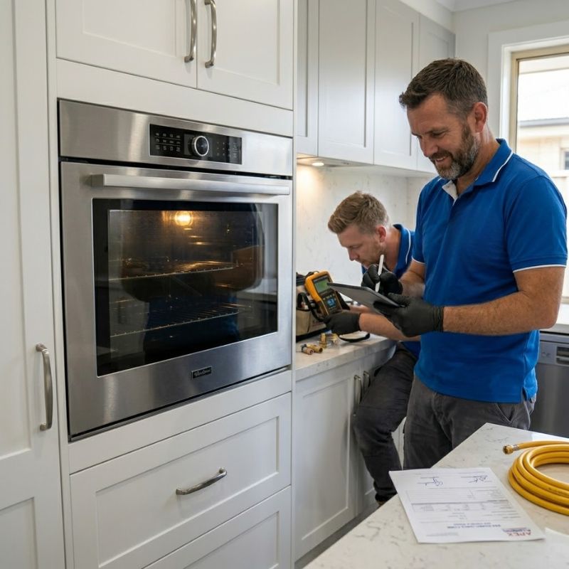 Newly installed built-in gas oven after compliance leak test