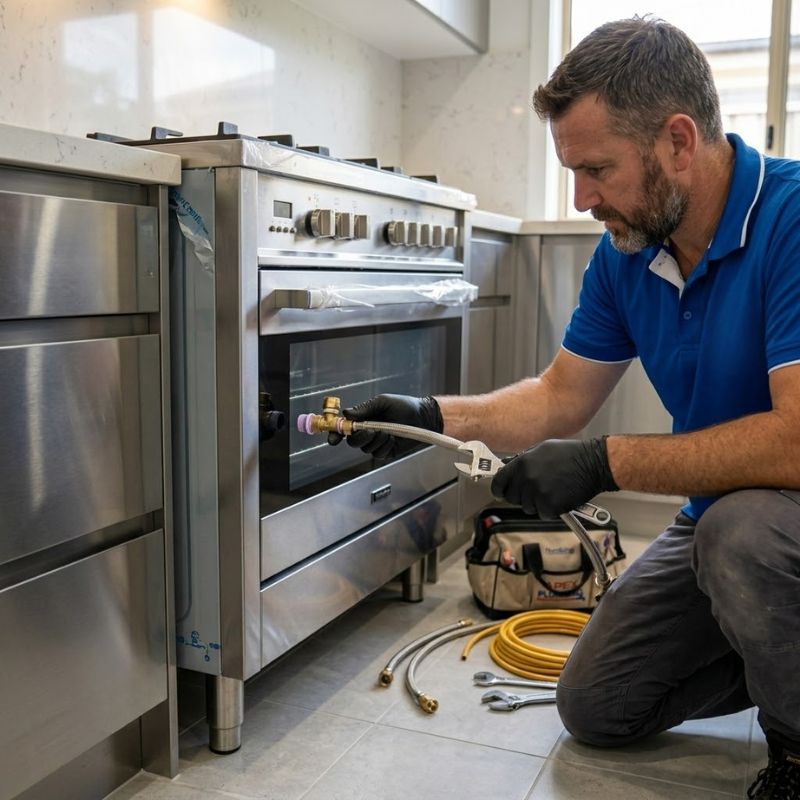 Licensed plumber installing a stainless-steel gas oven in a Sydney kitchen