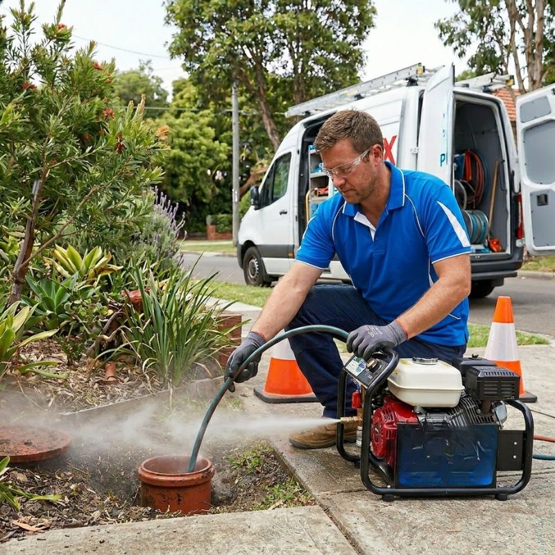 Licensed plumber performing hydro jet drain cleaning on a Sydney residential sewer line