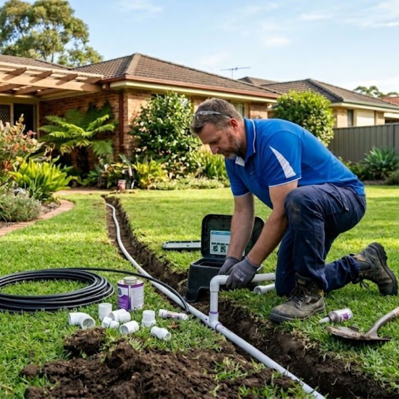 Licensed plumber installing lawn irrigation pipes in a Sydney backyard garden