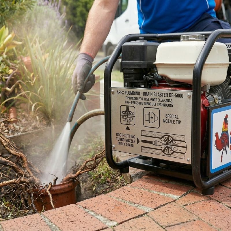 High-pressure jet blasting equipment used to clear tree-root blocked drains