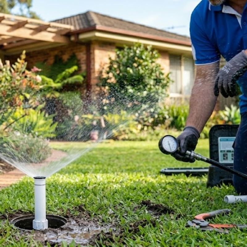 Pop-up sprinkler head tested after system installation, Sydney home