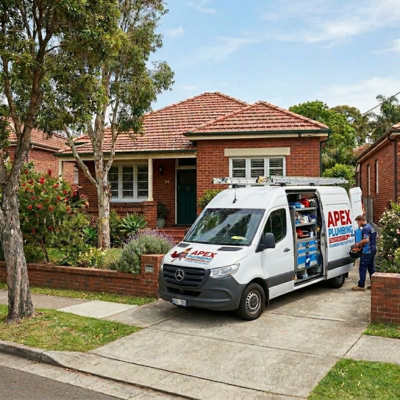 Apex Plumbing Services 24/7 emergency response van outside a Sydney home