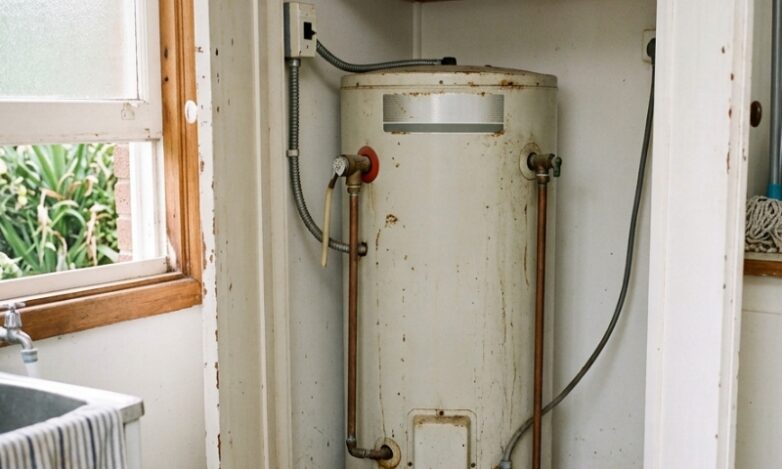 Sydney homeowner checking a hot water tank for early signs of rust and leaks