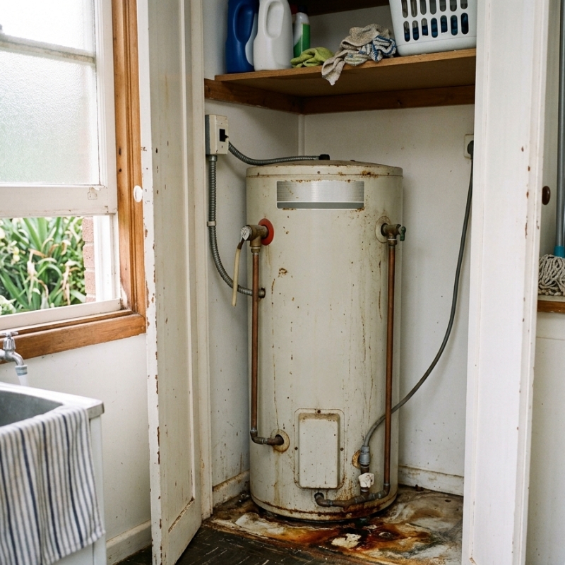 Sydney homeowner checking a hot water tank for early signs of rust and leaks