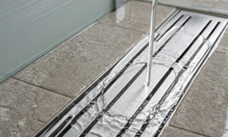 Early Warning Signs Your Shower Drain Is About to Block in Sydney Homes Water flowing smoothly through a stainless steel shower drain in a Sydney bathroom