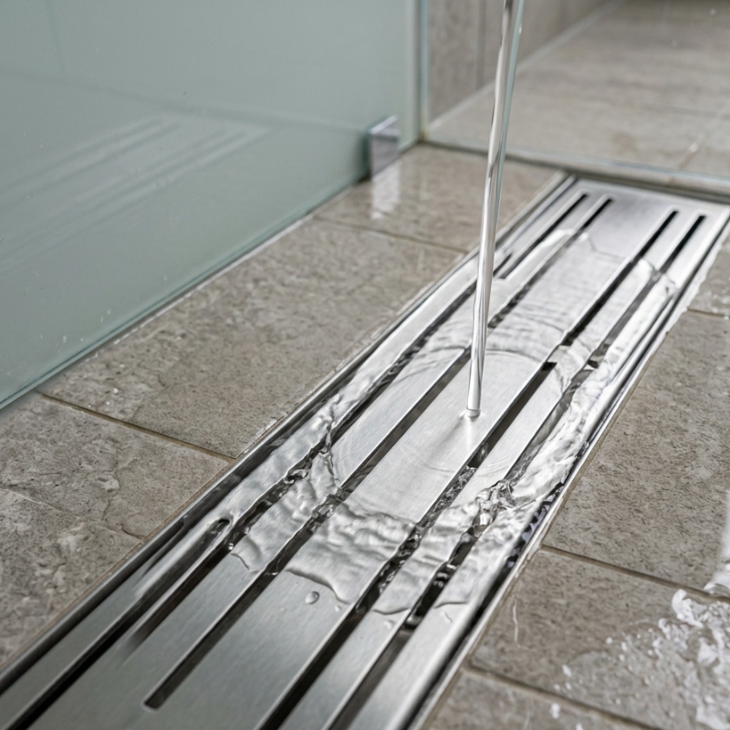 Water flowing smoothly through a stainless steel shower drain in a Sydney bathroom