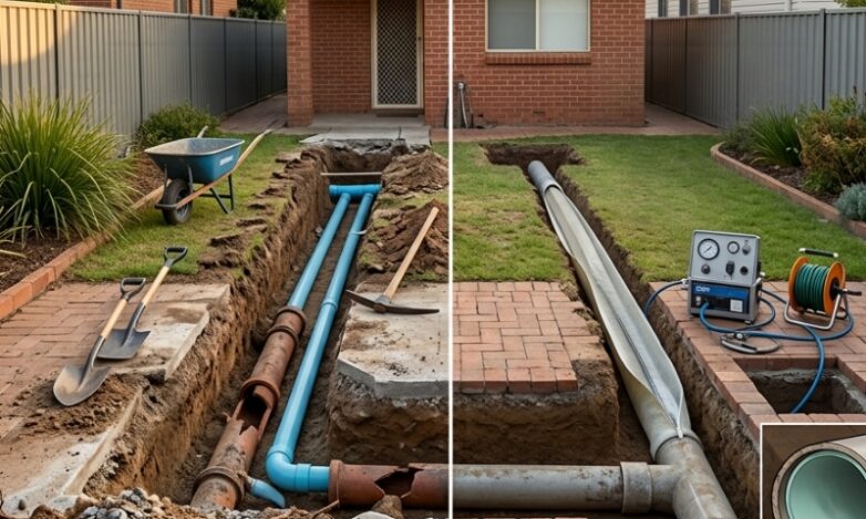 “Sydney plumber carrying out trenchless pipe relining with no-dig equipment in a residential backyard.
