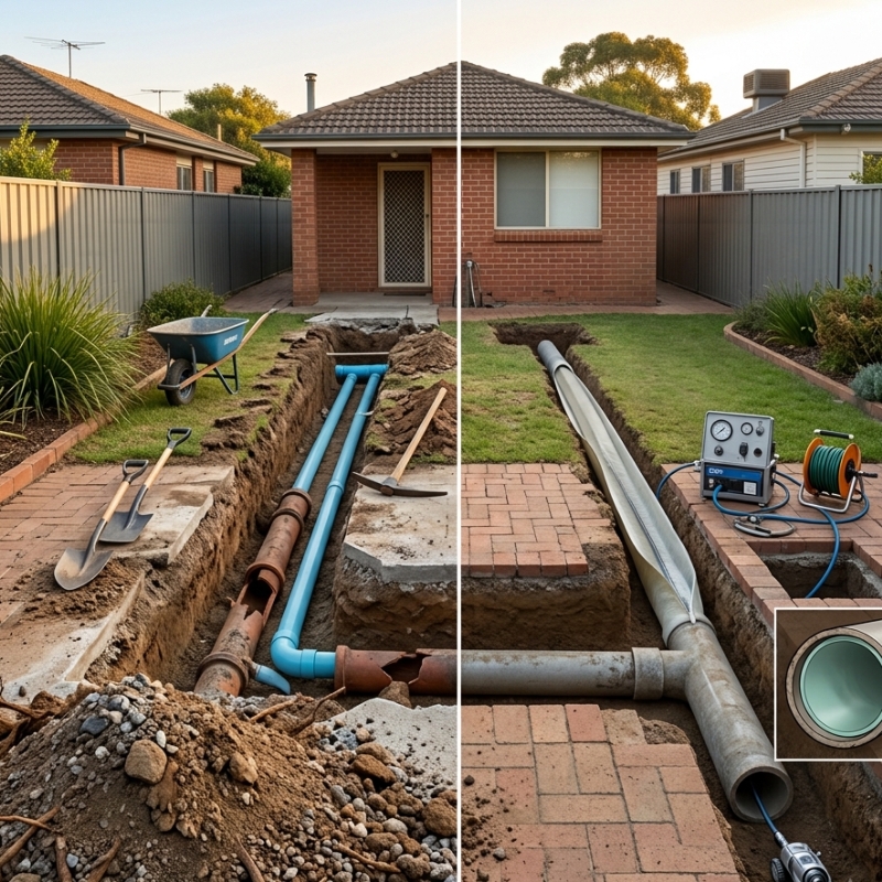“Sydney plumber carrying out trenchless pipe relining with no-dig equipment in a residential backyard.