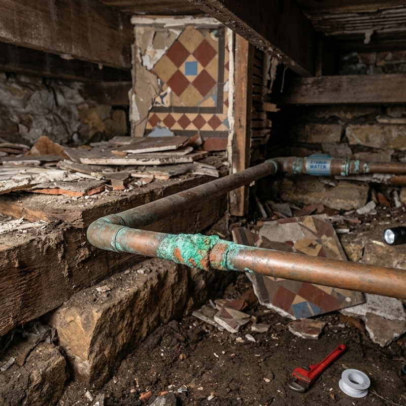 Plumber checking corroded copper water pipe beneath an older Sydney terrace bathroom floor.
