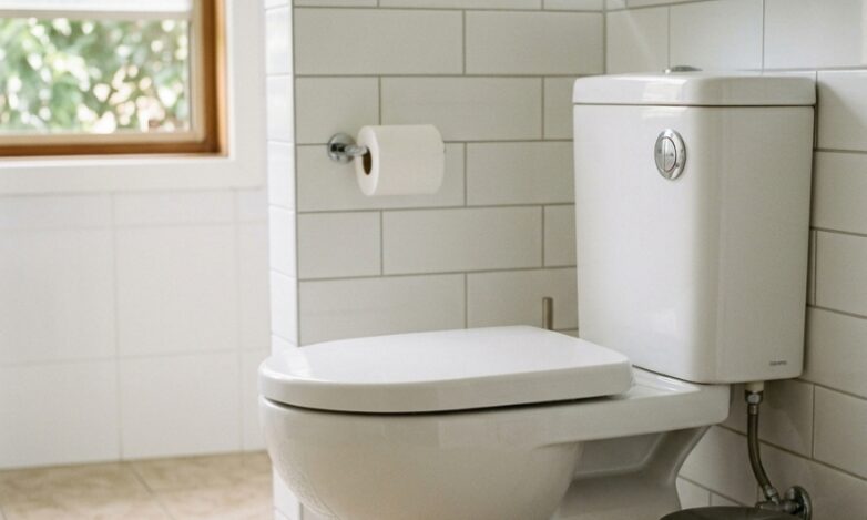 Why Your Toilet Keeps Clogging The Everyday Habits Most Sydney Households Don’t Realise Dual-flush toilet with nearby waste bin promoting correct bathroom disposal habits in a Sydney home