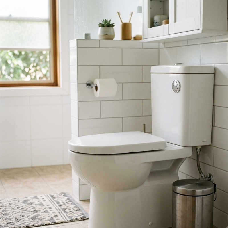 Dual-flush toilet with nearby waste bin promoting correct bathroom disposal habits in a Sydney home