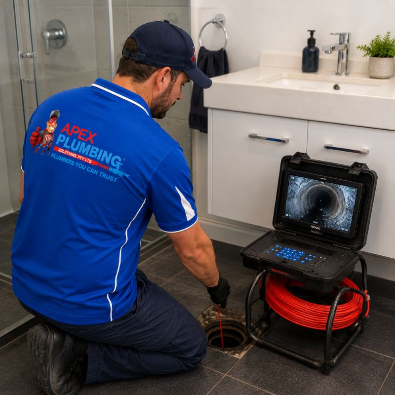 Apex plumber clearing a blocked drain in a Sydney home with a drain camera