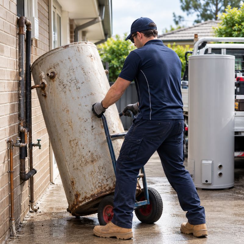 Apex plumber removing an old hot water tank for a same-day replacement