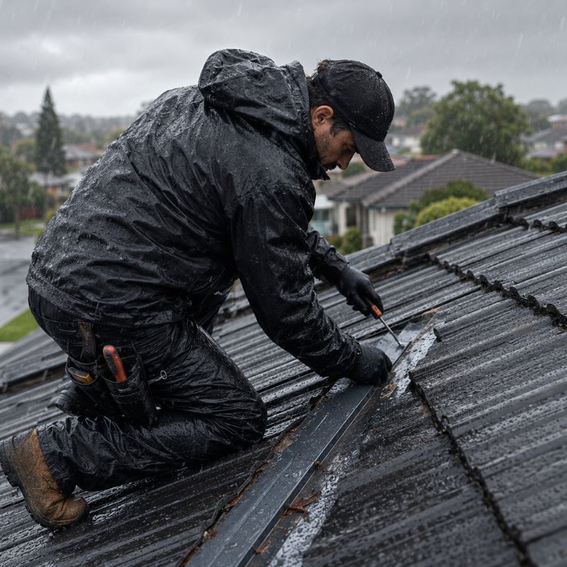 Apex roof plumber carrying out roof leak repairs on a Sydney home in the rain